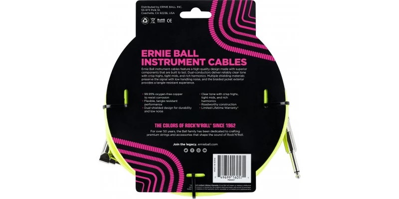 Ernie Ball 25 Foot Braided Straight/Angle Instrument Cable Neon Yellow - Image 2