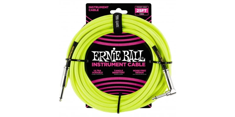 Ernie Ball 25 Foot Braided Straight/Angle Instrument Cable Neon Yellow