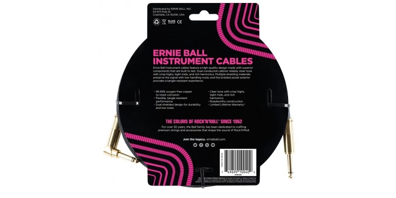 Ernie Ball 18 Foot Braided Straight/Angle Instrument Cable Black With Gold Plugs - Image 2
